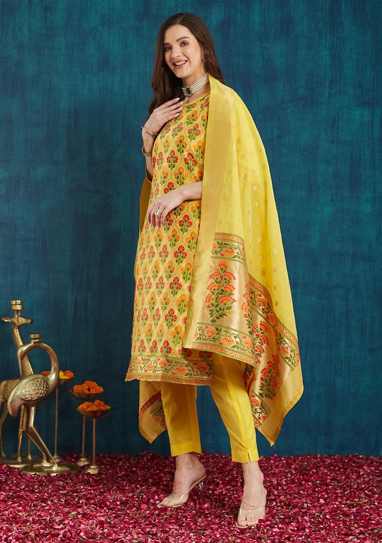 Yellow Cotton Jacquard Salwar Kameez With Dupptta
