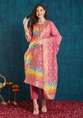Pink Cotton Jacquard Salwar Kameez With Dupptta