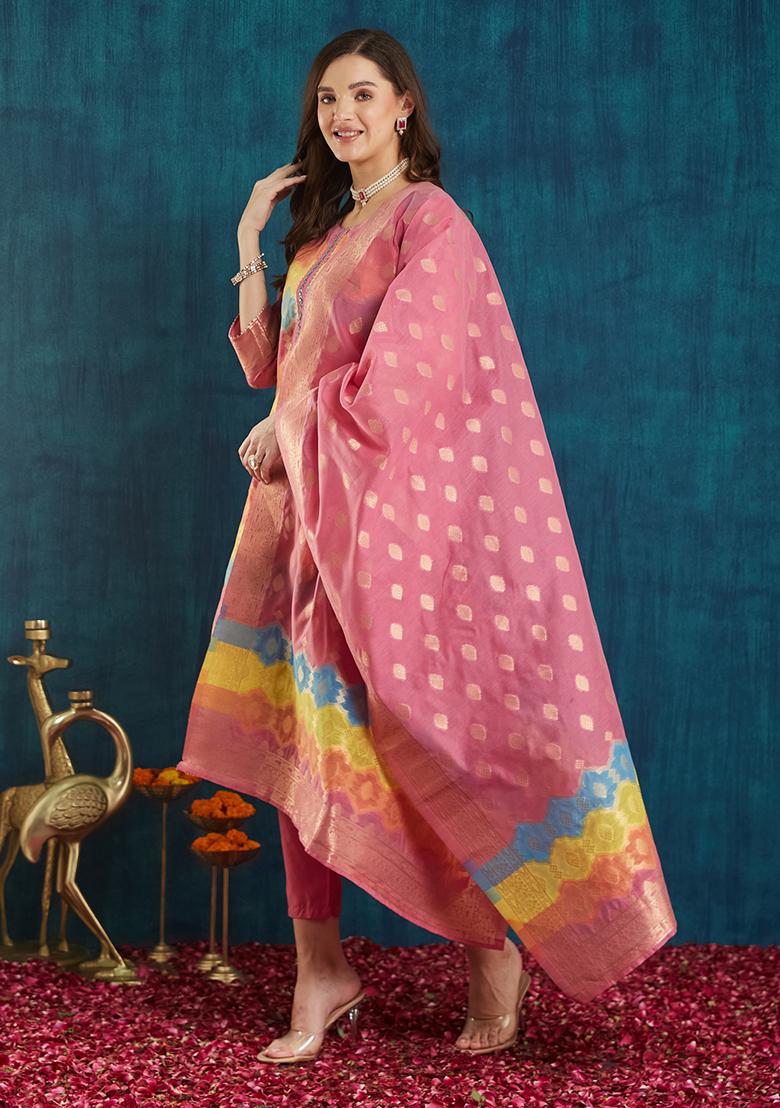 Pink Cotton Jacquard Salwar Kameez With Dupptta