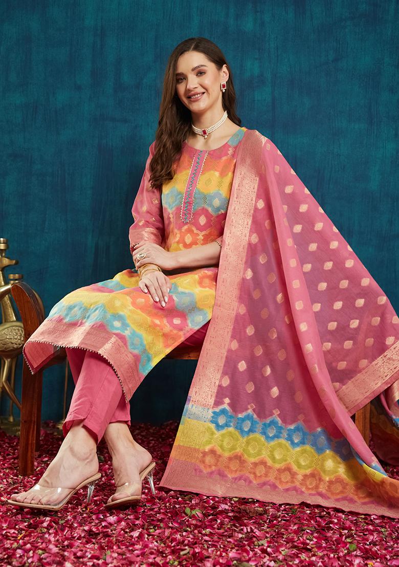 Pink Cotton Jacquard Salwar Kameez With Dupptta