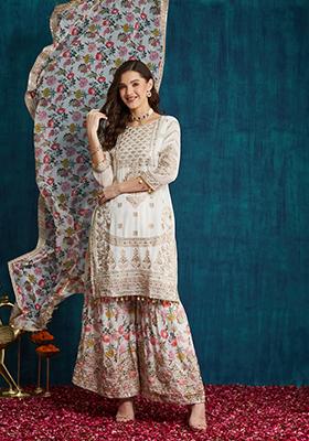 White Georgette Sequin Embroidered Salwar Kameez With Dupptta