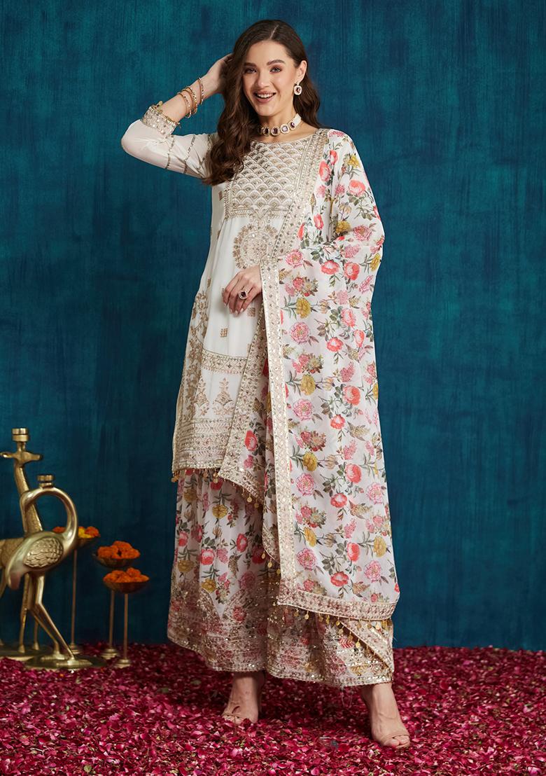 White Georgette Sequin Embroidered Salwar Kameez With Dupptta