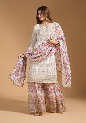 White Georgette Sequin Embroidered Salwar Kameez With Dupptta