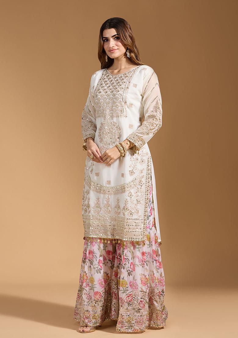 White Georgette Sequin Embroidered Salwar Kameez With Dupptta