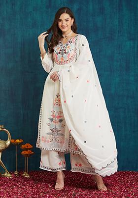 Snow White Georgette Embroidered Salwar Kameez With Dupptta
