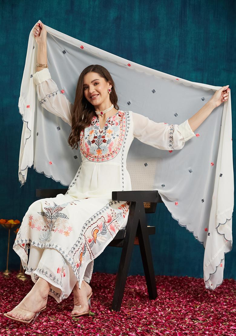 Snow White Georgette Embroidered Salwar Kameez With Dupptta