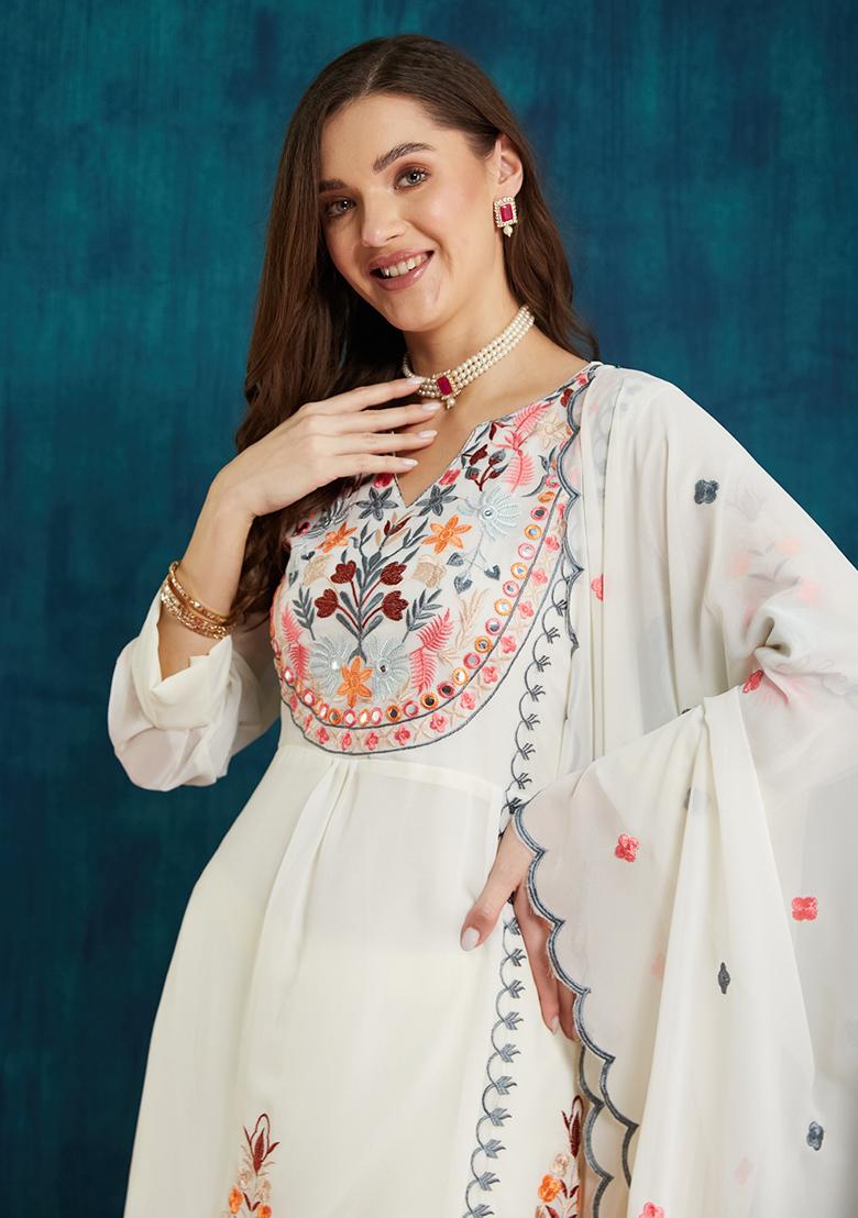 Snow White Georgette Embroidered Salwar Kameez With Dupptta