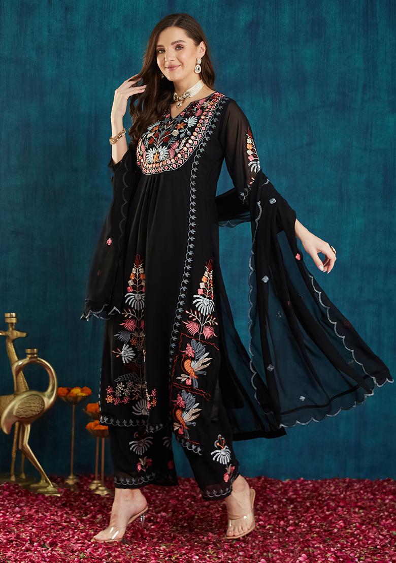 Black Georgette Embroidered Salwar Kameez With Dupptta