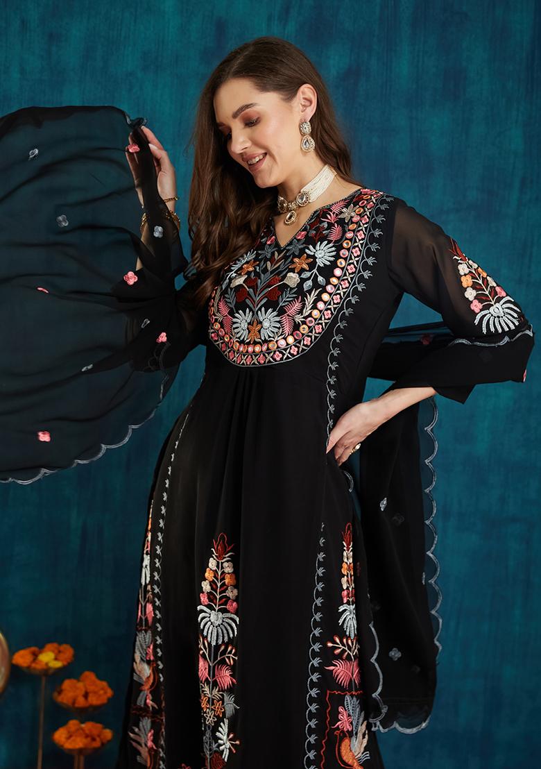 Black Georgette Embroidered Salwar Kameez With Dupptta