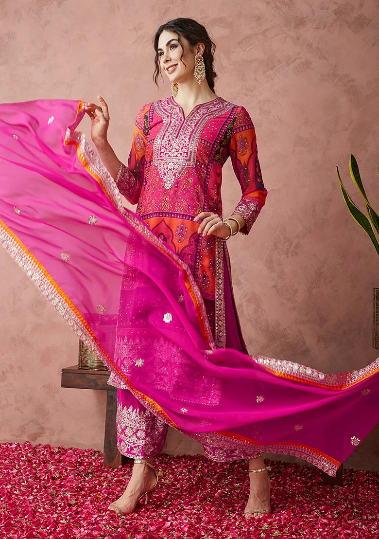 Ruby Pink Georgette Sequin Embroidered Salwar Kameez With Dupptta