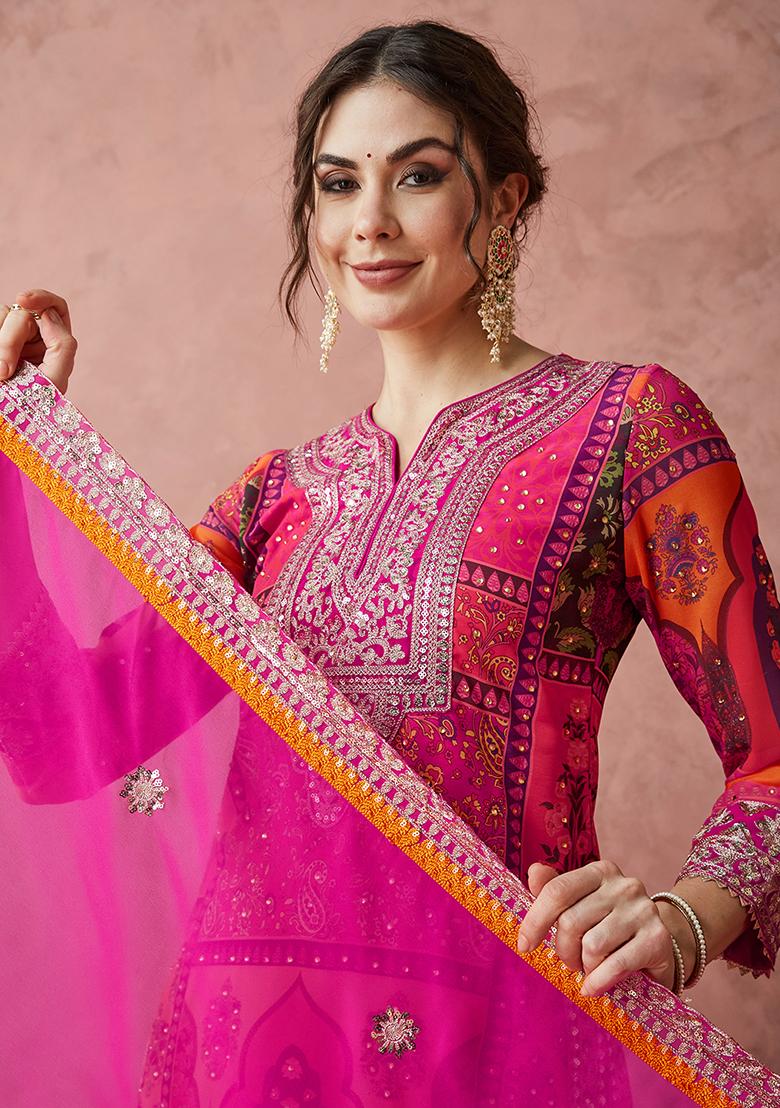 Ruby Pink Georgette Sequin Embroidered Salwar Kameez With Dupptta