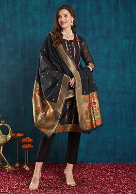 Black Cotton Jacquard Salwar Kameez With Dupptta