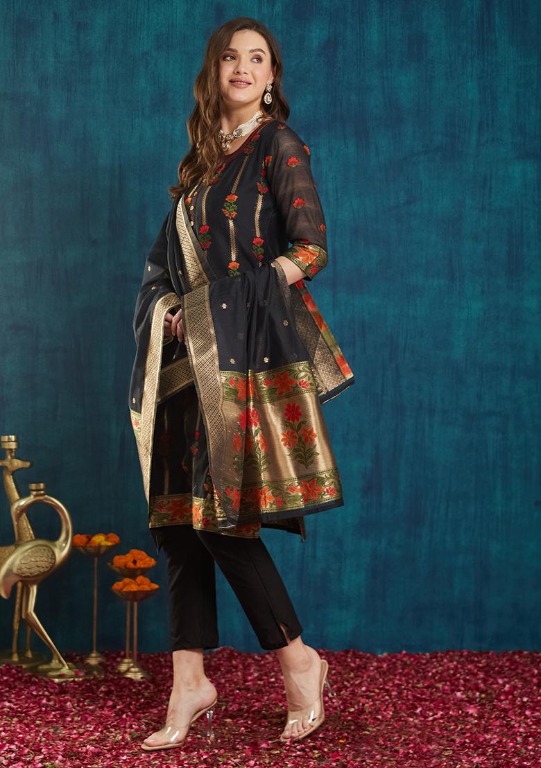 Black Cotton Jacquard Salwar Kameez With Dupptta