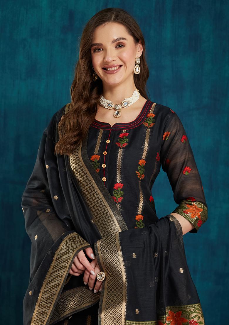 Black Cotton Jacquard Salwar Kameez With Dupptta