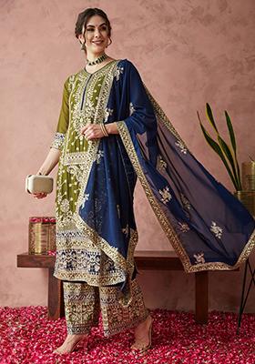Olive Green Georgette Sequin Embroidered Salwar Kameez With Dupptta