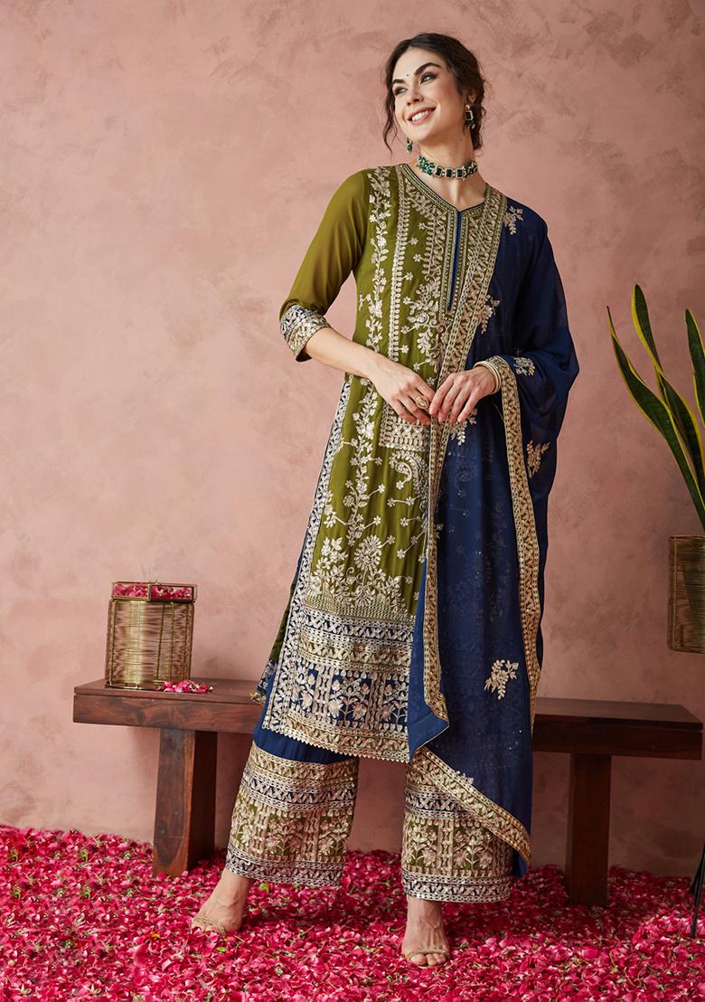 Olive Green Georgette Sequin Embroidered Salwar Kameez With Dupptta