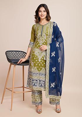 Olive Green Georgette Sequin Embroidered Salwar Kameez With Dupptta