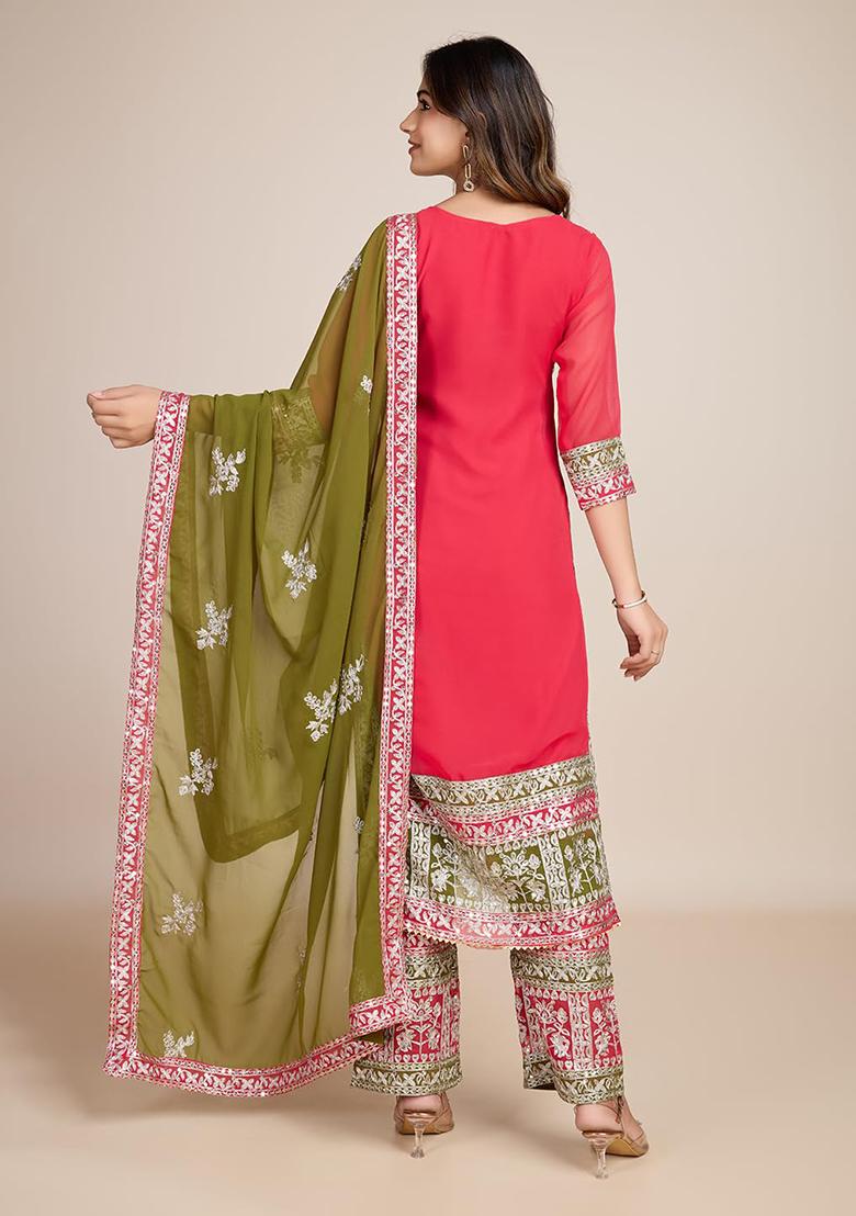 Hot Pink Georgette Sequin Embroidered Salwar Kameez With Dupptta