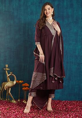 Wine Silk Embroidered Salwar Kameez With Dupptta
