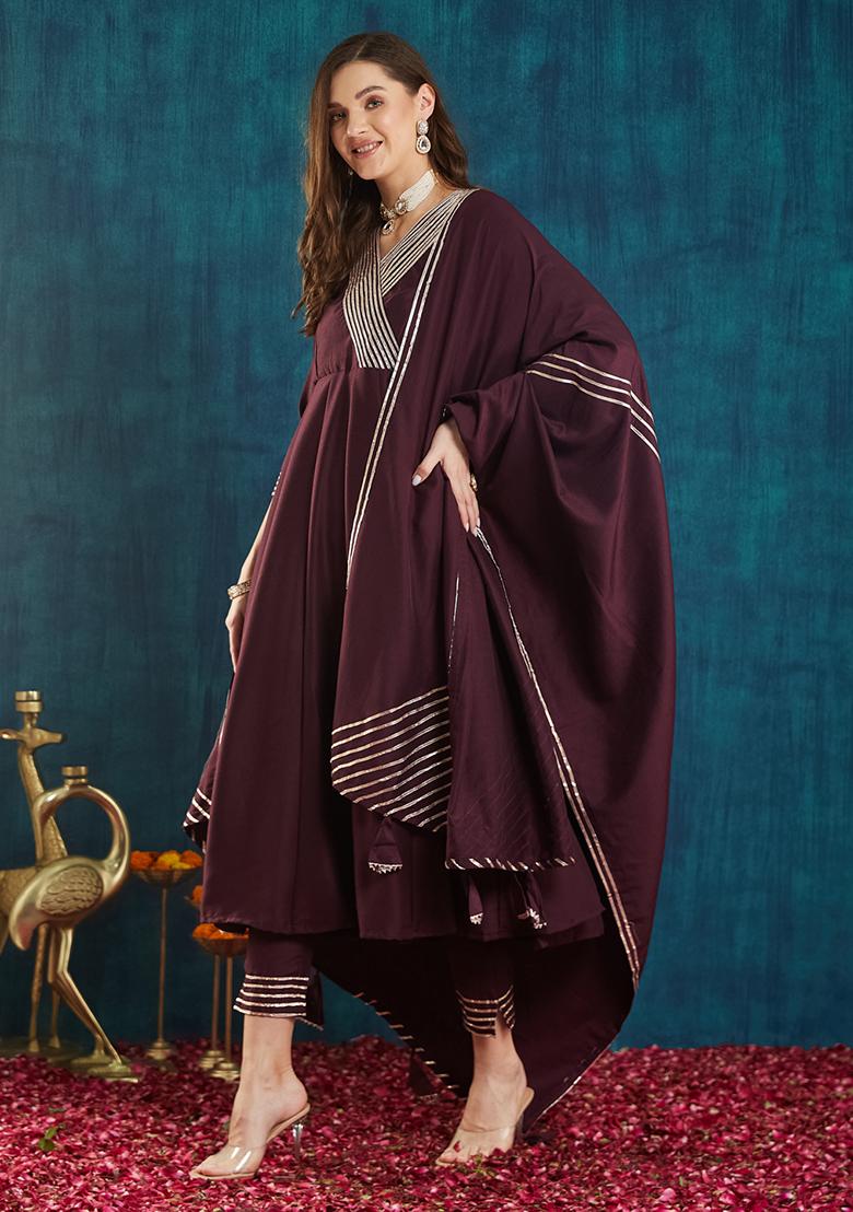 Wine Silk Embroidered Salwar Kameez With Dupptta