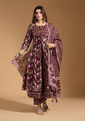 Brown Cotton Floral Print Salwar Kameez With Dupptta