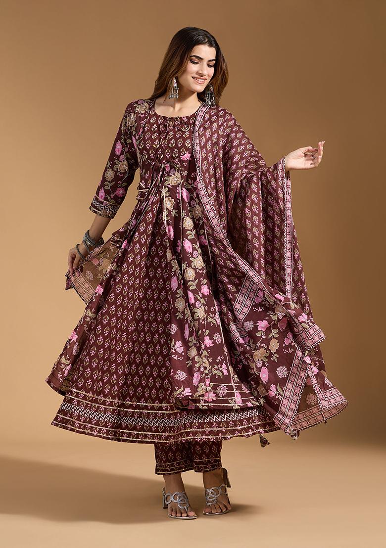 Brown Cotton Floral Print Salwar Kameez With Dupptta