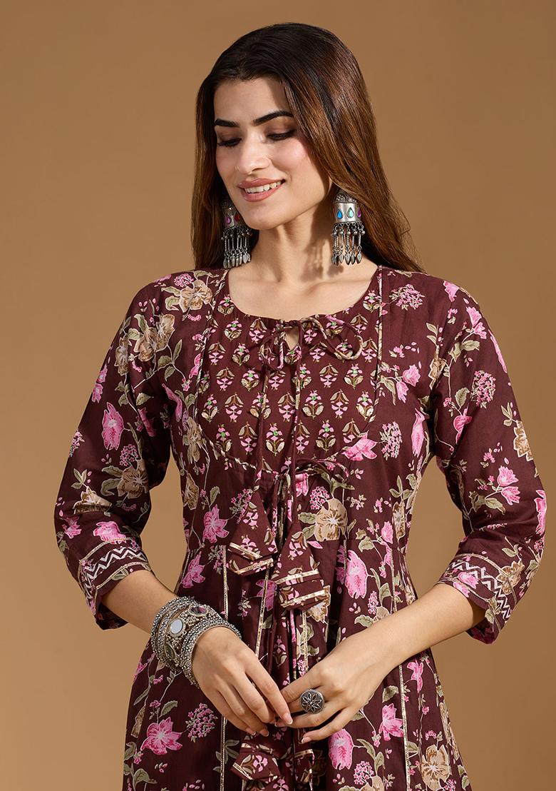Brown Cotton Floral Print Salwar Kameez With Dupptta