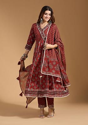 Rust Cotton Floral Print Salwar Kameez With Dupptta