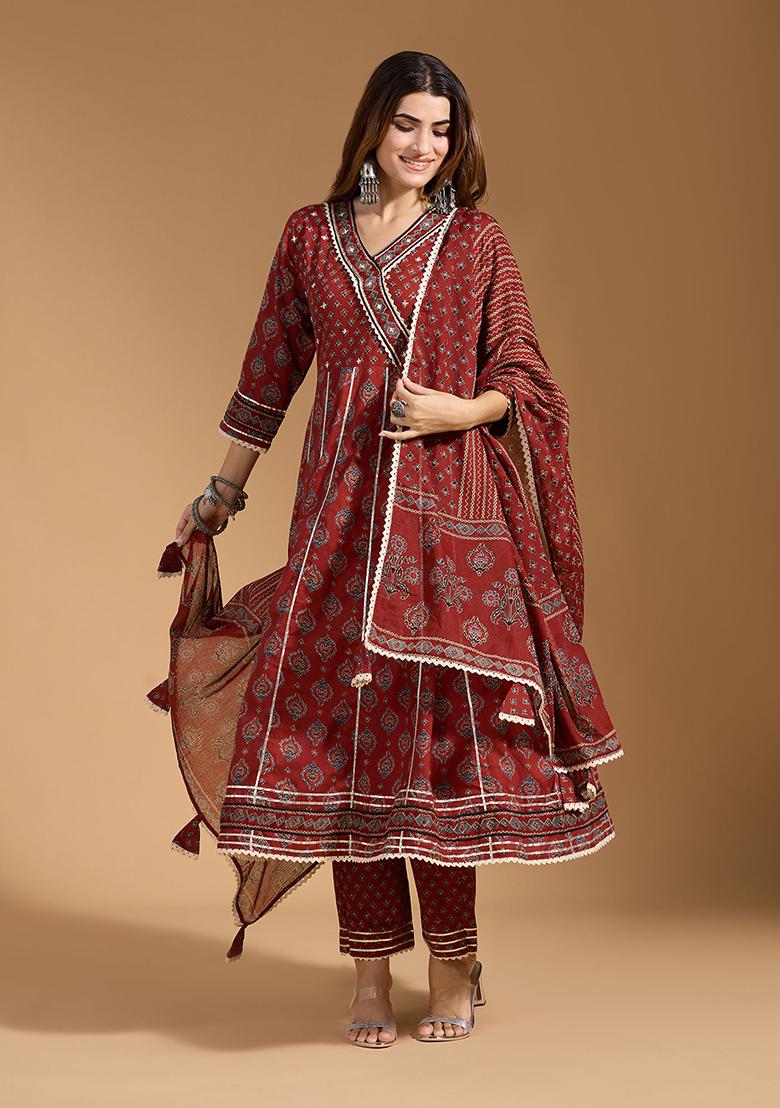 Rust Cotton Floral Print Salwar Kameez With Dupptta