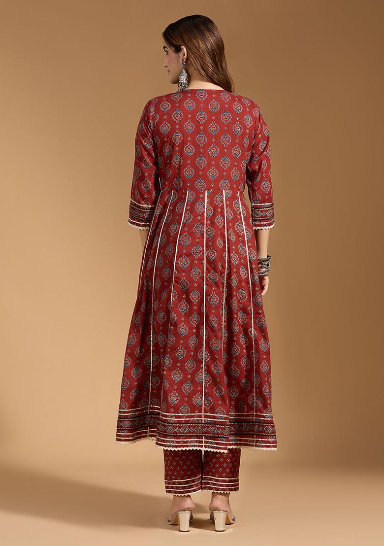 Rust Cotton Floral Print Salwar Kameez With Dupptta