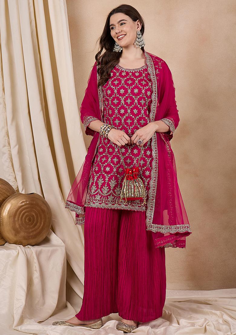 Rani Pink Silk Sequin Embroidered Salwar Kameez With Dupptta
