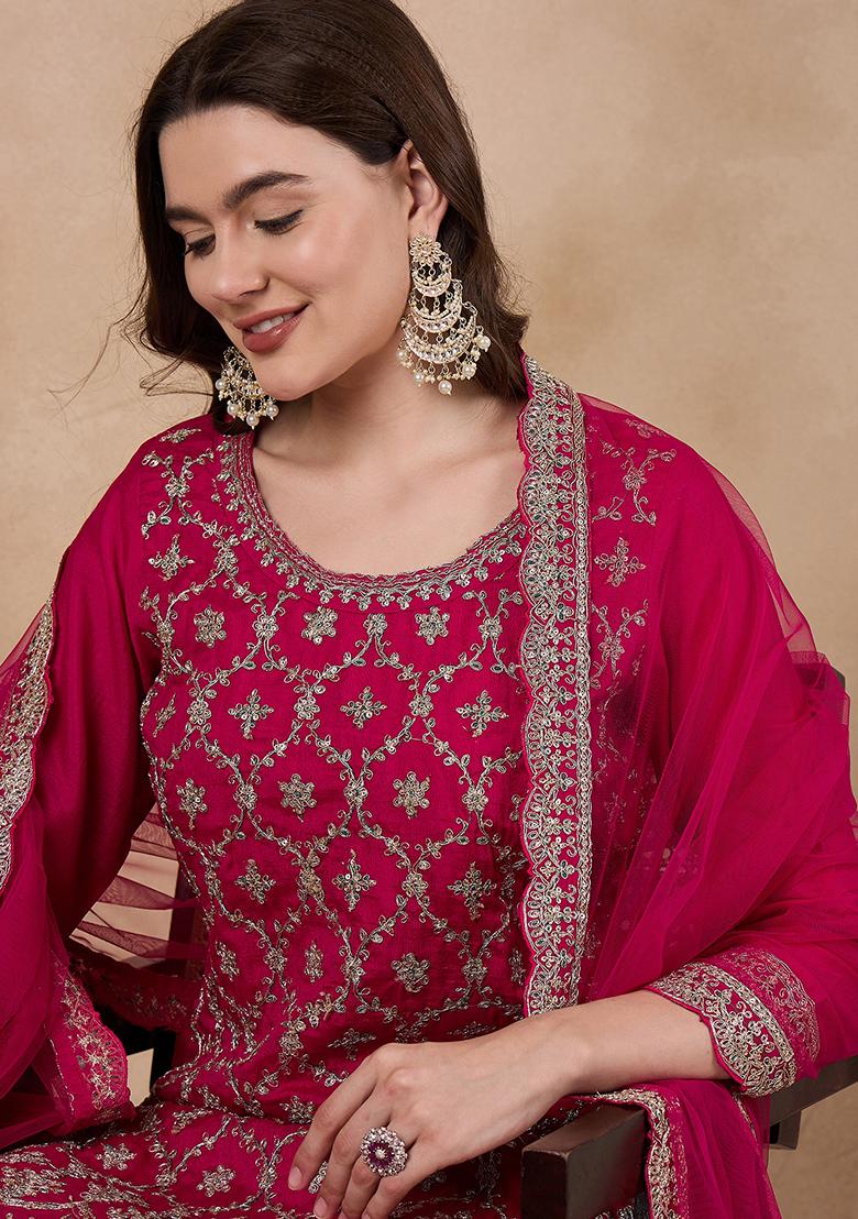 Rani Pink Silk Sequin Embroidered Salwar Kameez With Dupptta