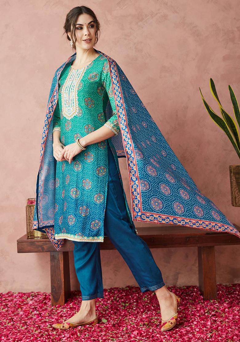 Rama Green Silk Embroidered Salwar Kameez With Dupptta