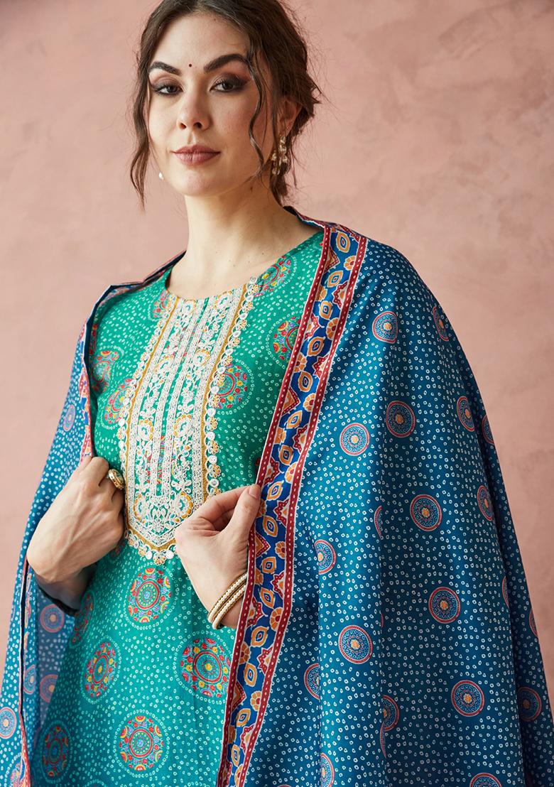 Rama Green Silk Embroidered Salwar Kameez With Dupptta
