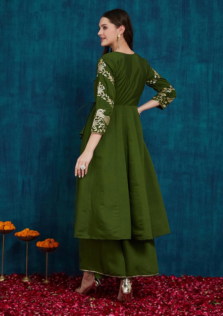 Mahendi Green Silk Sequin Embroidered Salwar Kameez With Dupptta