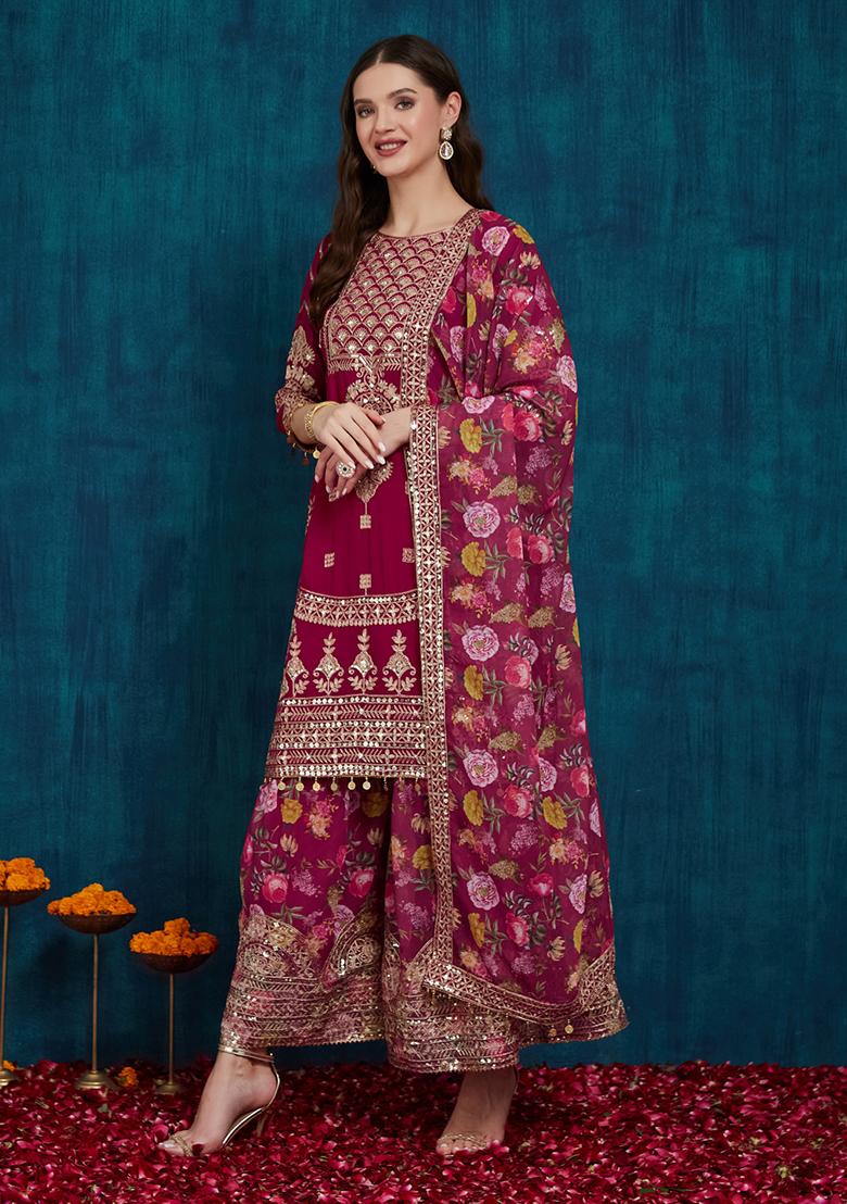 Rani Pink Georgette Sequin Embroidered Salwar Kameez With Dupptta
