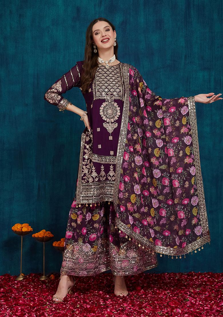 Wine Georgette Sequin Embroidered Salwar Kameez With Dupptta