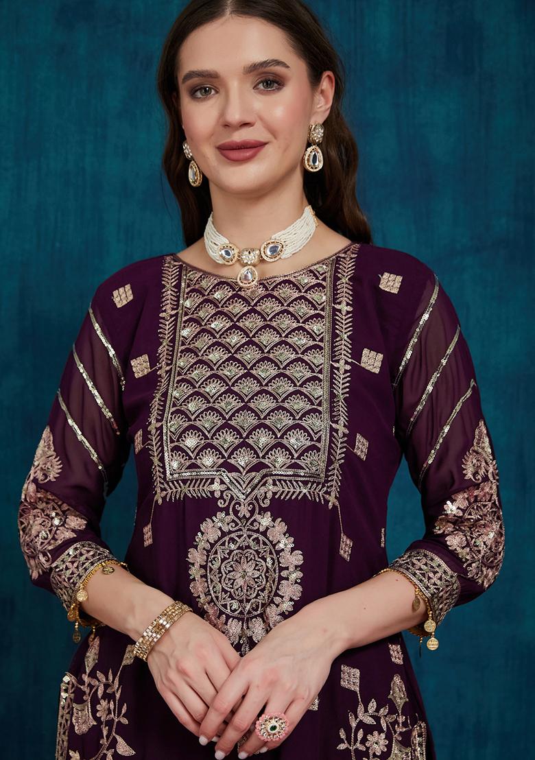 Wine Georgette Sequin Embroidered Salwar Kameez With Dupptta