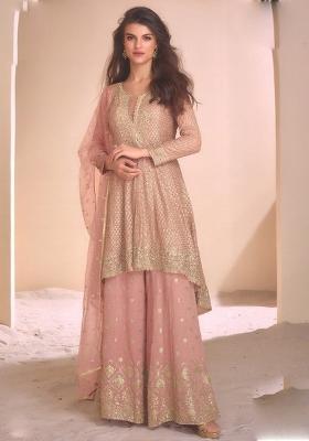 Light Peach Embroidered Georgette Palazzo Set With Dupatta