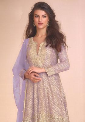 Lavender Embroidered Georgette Palazzo Set With Dupatta