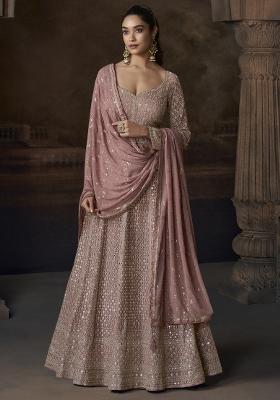 Peach Embroidered Georgette Anarkali Set With Dupatta