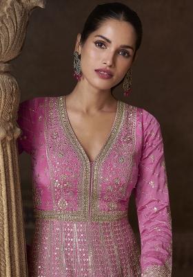 Light Pink Embroidered Georgette Anarkali Set With Dupatta