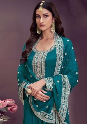 Turquoise Blue Embroidered Art Silk Anarkali Set With Dupatta