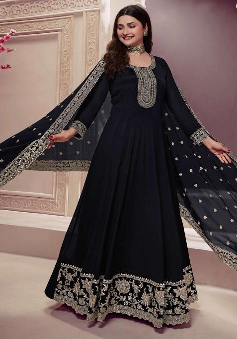 Black Embroidered Art Silk Anarkali Set With Dupatta