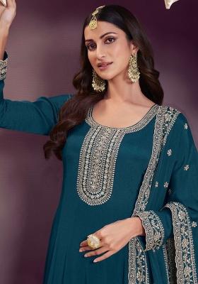 Aqua Blue Embroidered Art Silk Anarkali Set With Dupatta