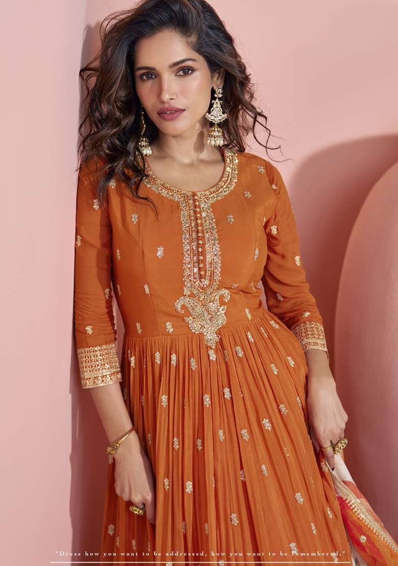 Orange Embroidered Art Silk Blend Anarkali With Dupatta - Indya