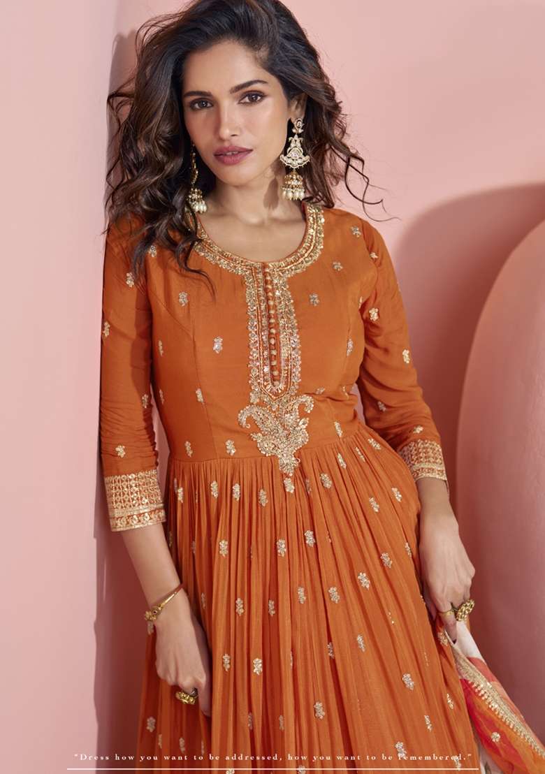Orange Embroidered Art Silk Blend Anarkali With Dupatta - Indya