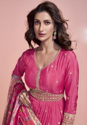 Pink Embroidered Art Silk Anarkali Set With Dupatta