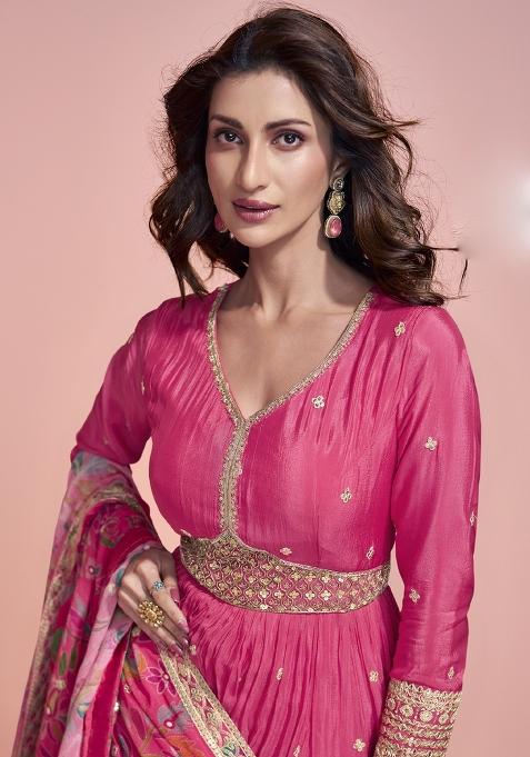 Pink Embroidered Art Silk Anarkali Set With Dupatta