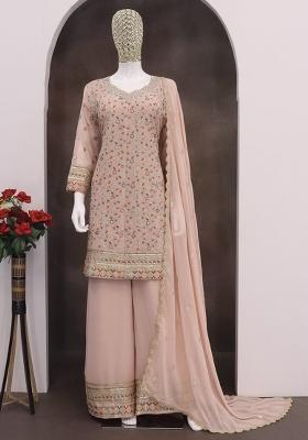 Light Peach Embroidered Georgette Palazzo Set With Dupatta